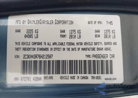 2006 Chrysler 300 z USA, uszkodzony, nr VIN 2C3KA43R76H212507